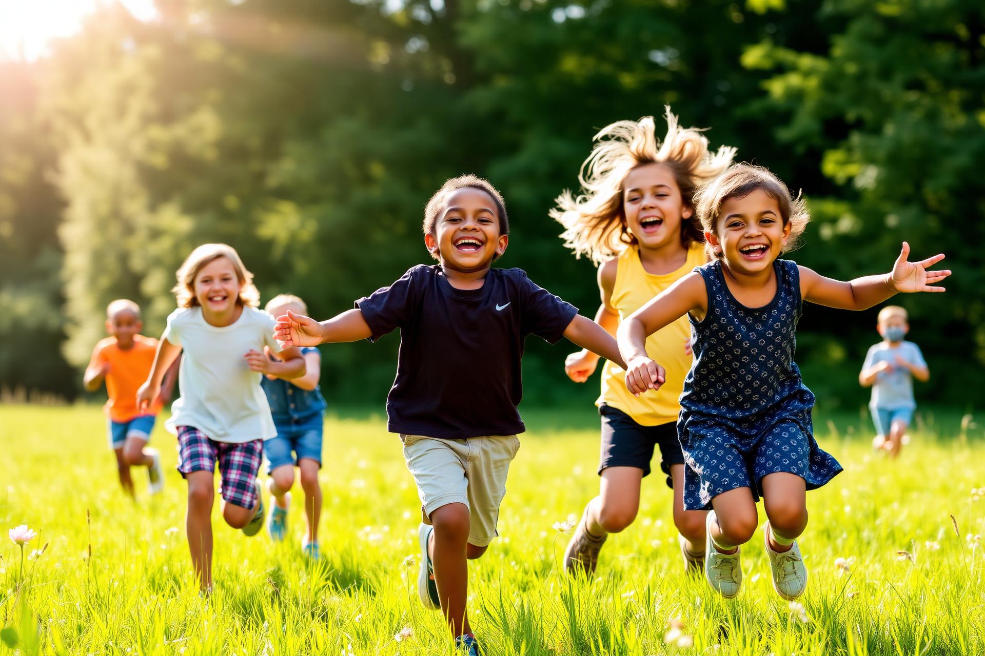 Bambini felici che corrono al summer camp
